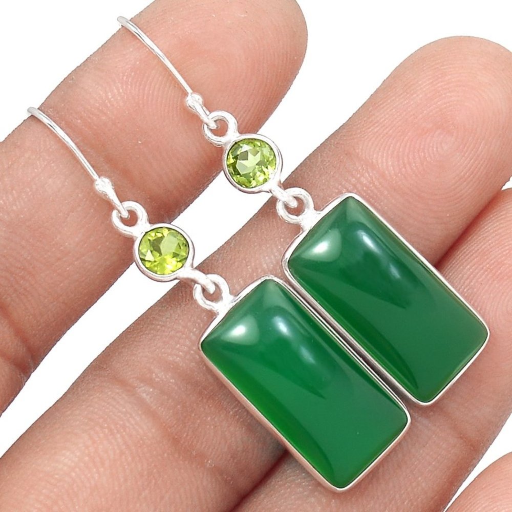 New - Green Onyx and Peridot 925 Sterling Silver Earrings